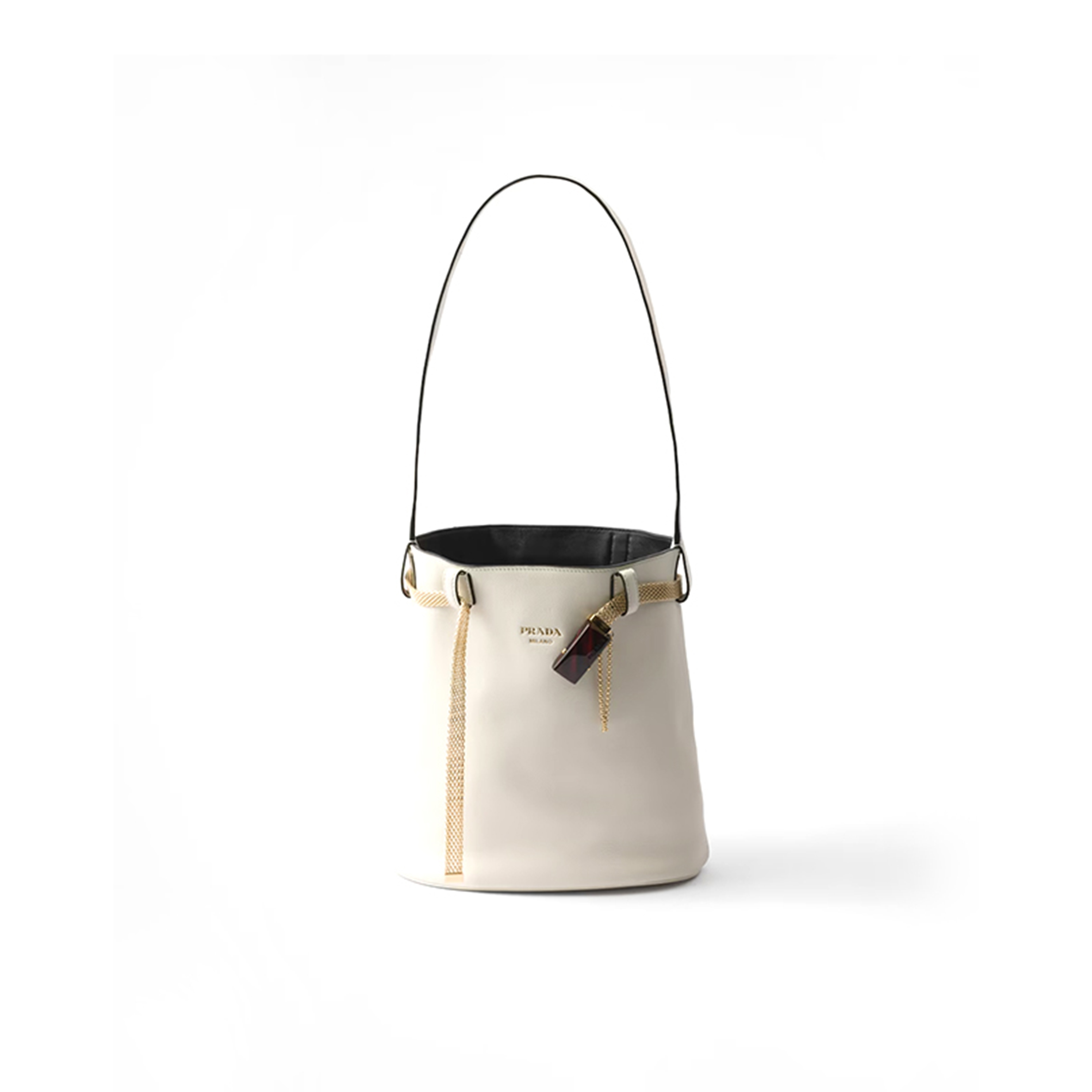 PRADA BUCKLE LEATHER BUCKET BAG WITH JEWELED BELT 1BE085 (29*16.5*18cm)
